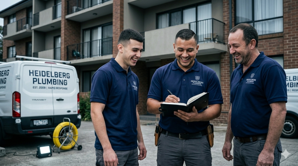 Three laughing Heidelberg Plumbing licensed plumbers, including the founder holding a black work diary, standing proudly outside a suburban Melbourne apartment block with a company service van