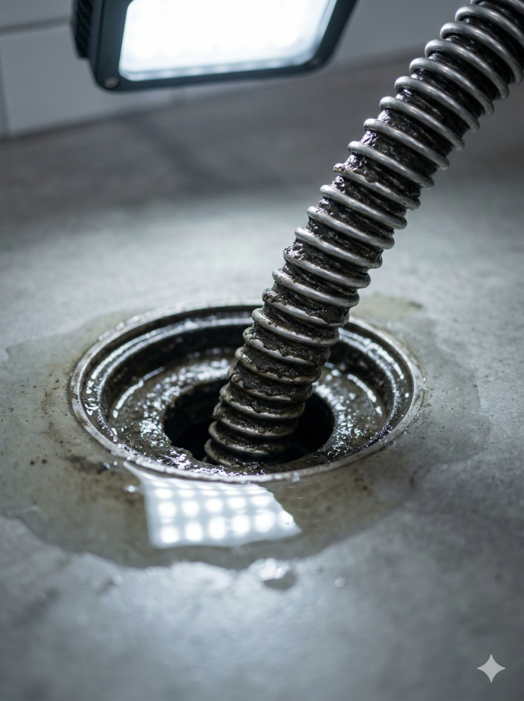 A close-up of a motorised drain snake removing sludge from a blocked pipe in Melbourne.