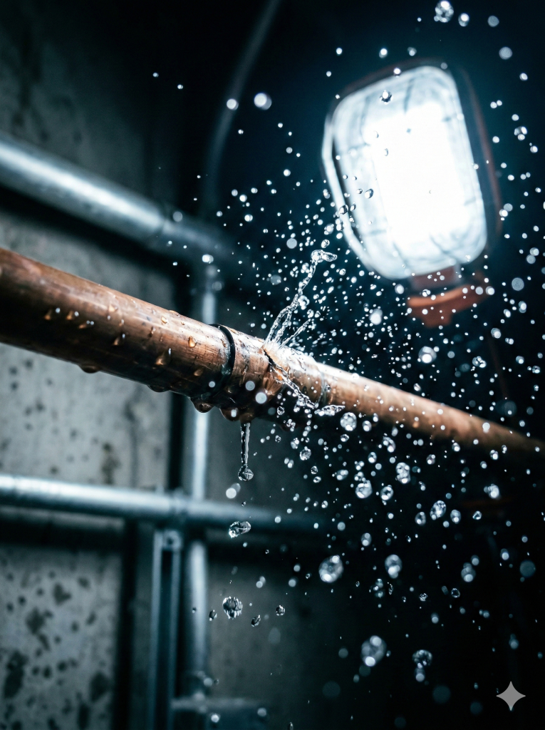 High-speed action shot of water spraying from a burst copper pipe in a commercial setting.