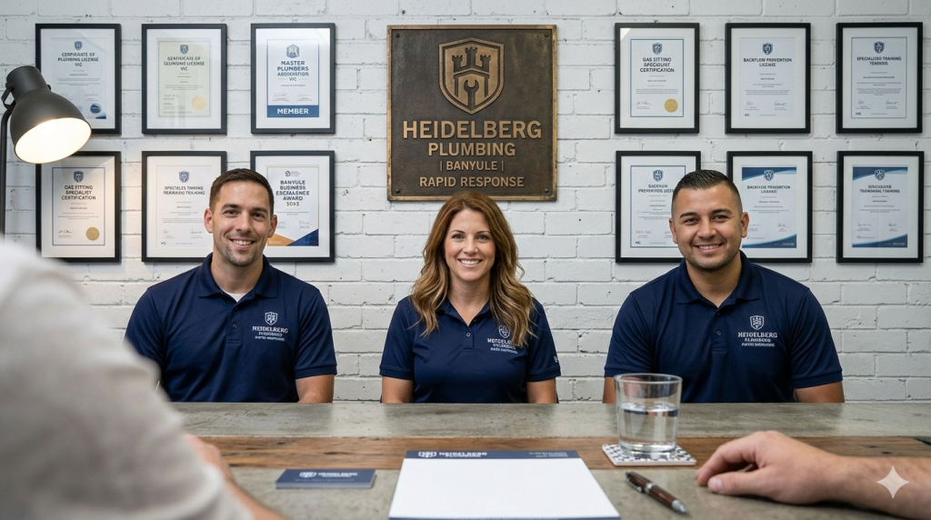 The three founders of Heidelberg Rapid Plumbing sitting in their professional office, offering expert plumbing consultations for Melbourne residents.
